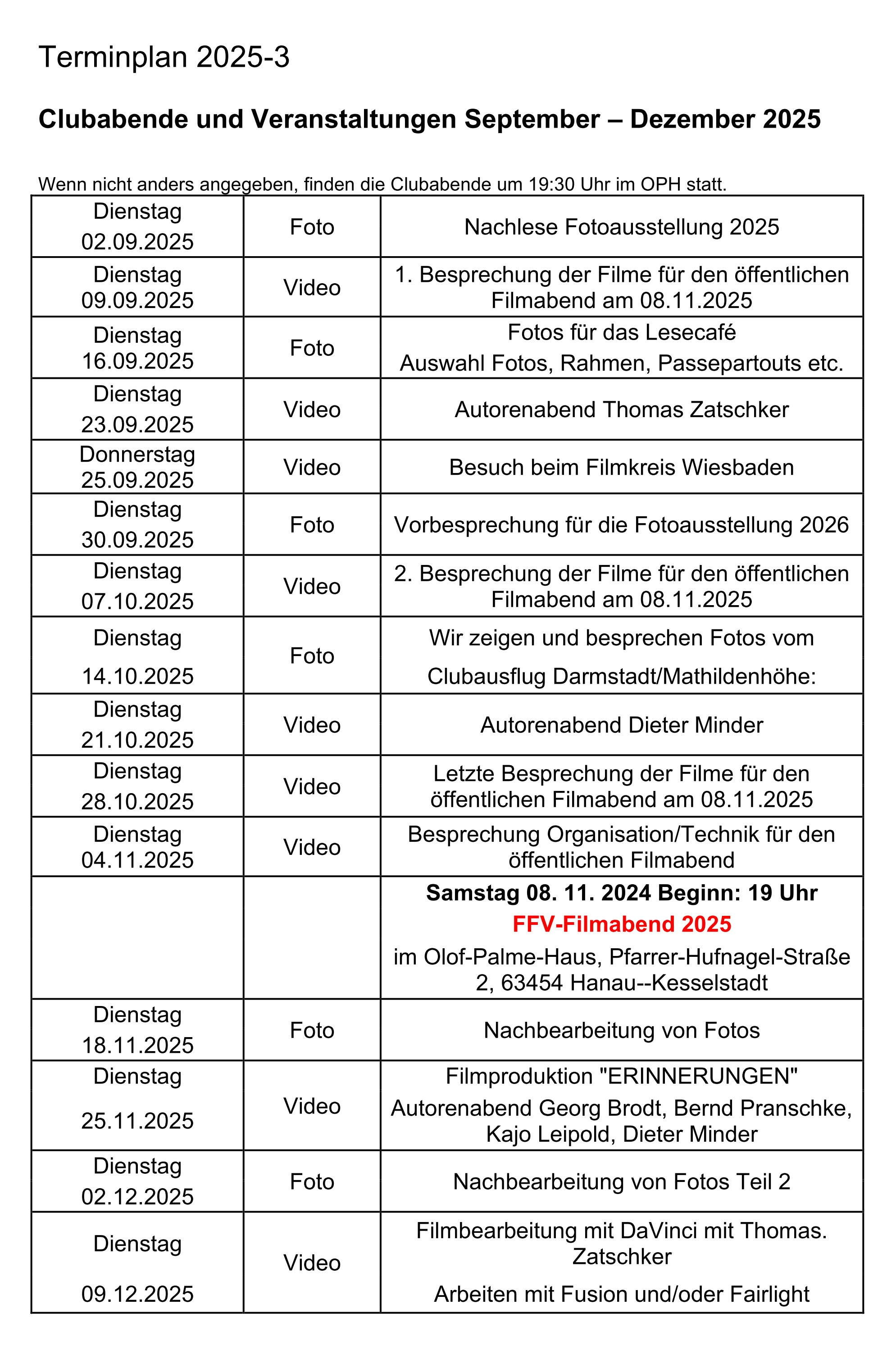 Clubprogramm 2025 3 September bis Dezember 2025